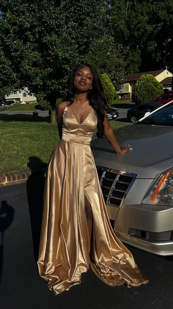 Gold a line prom dress hot sale
