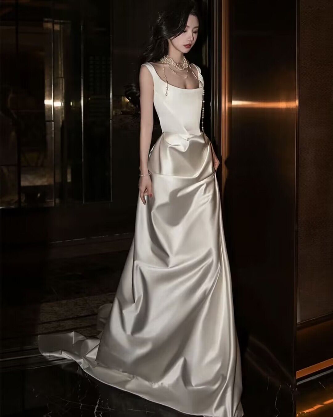 Classy Pink Satin Beaded Ruffle Prom Dress,A Line Long Evening Dress Y8373 main image 1