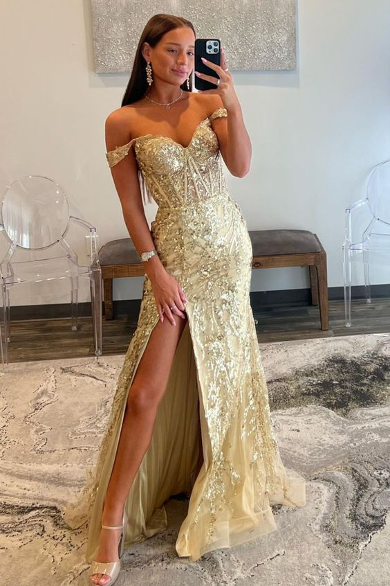 Gold a line prom dress online