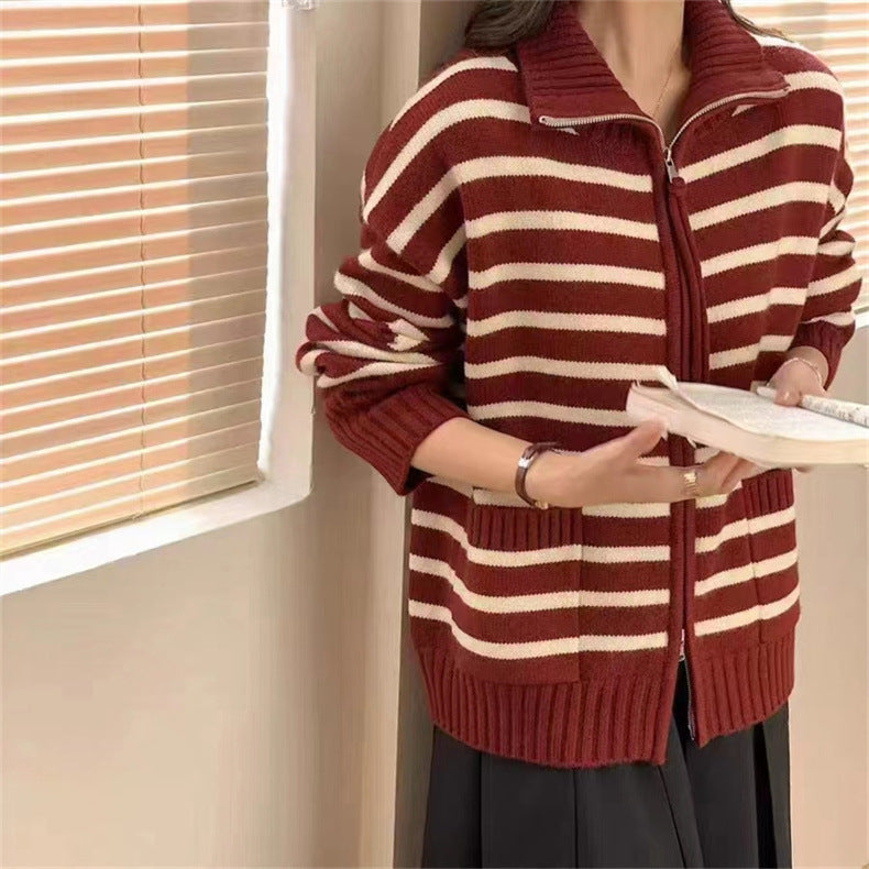 Zipper Loose Striped Sweater Jacket Autumn Stand Collar Cardigan with Pockets 1816