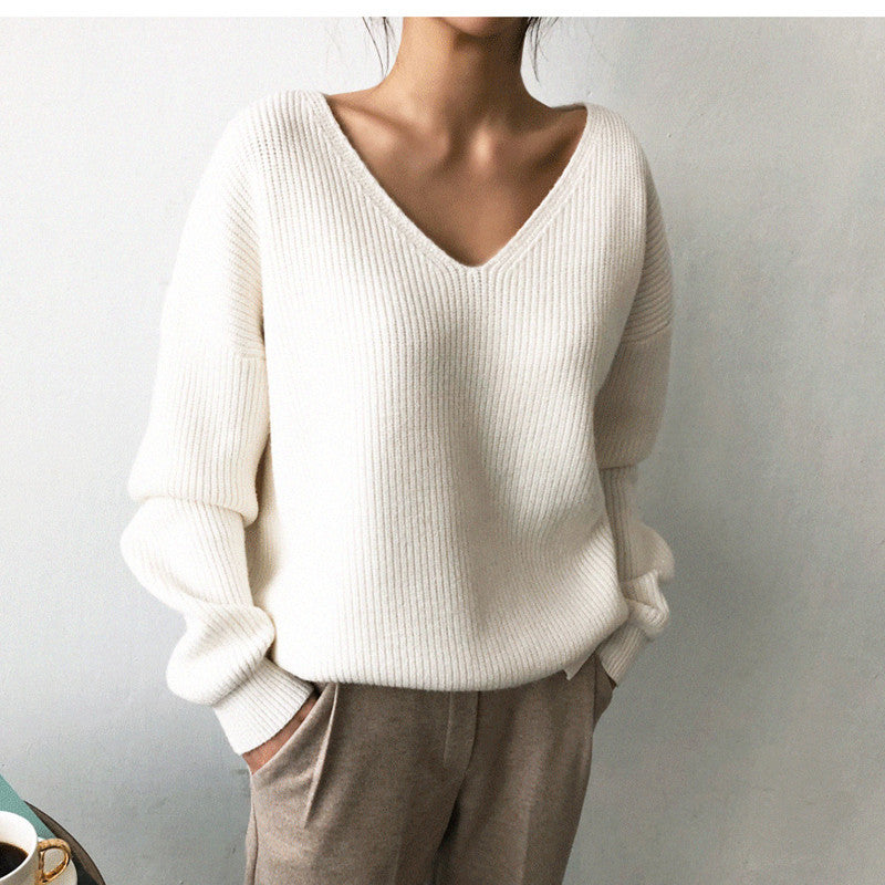 Autumn and Winter Korean Style V-neck Loose Lazy Style Pullover Sweater  1821