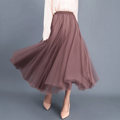 Mesh Skirt High Waist Mid-length Skirt Big Swing A-line Long Skirt Women 732