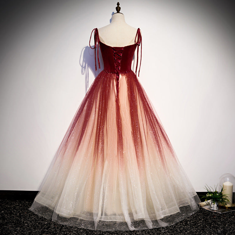 Gradient Burgundy Tulle Prom Dress Long Formal Evening Gown 300