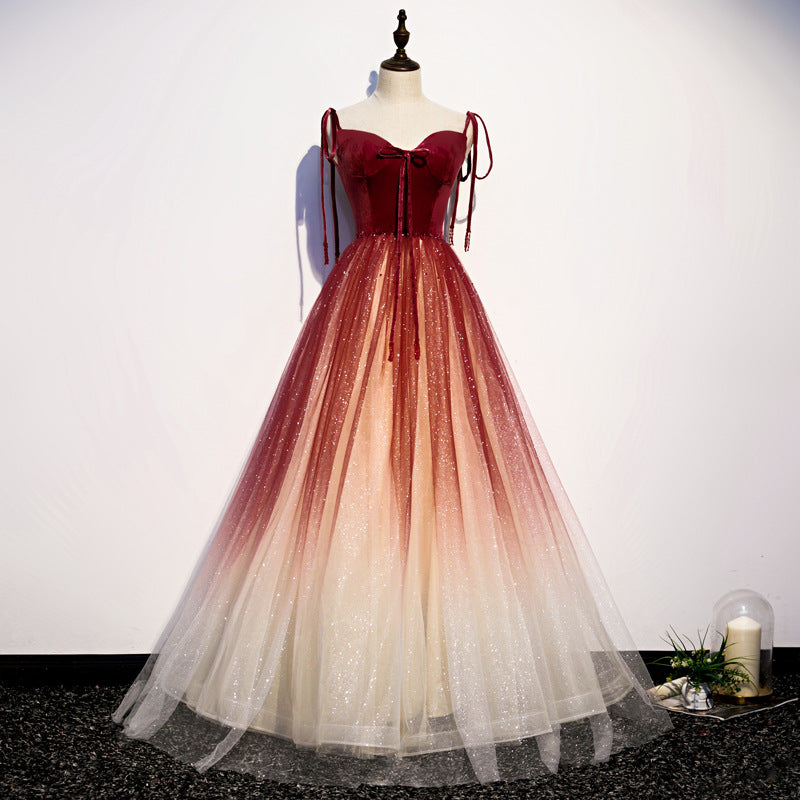 Gradient Burgundy Tulle Prom Dress Long Formal Evening Gown 300