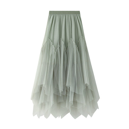 Women's Mid-length A-line Skirt Fluffy Skirt Mesh Irregular Pleated Skirt 743