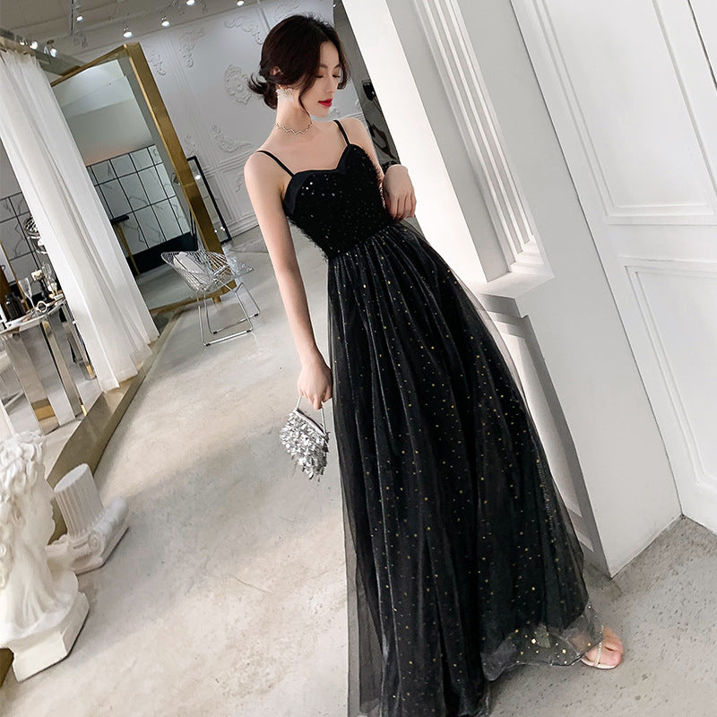 Spaghetti Strap A Line Long Prom Dress Black Shiny Evening Formal Dress 634