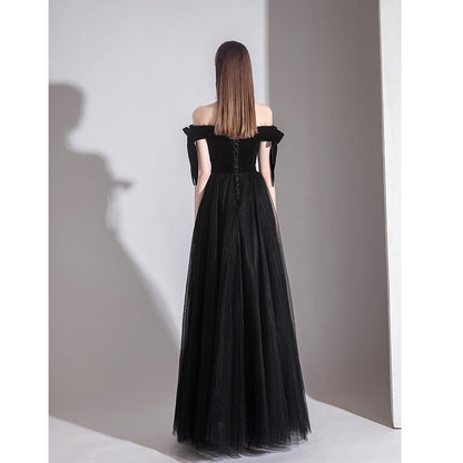 Off Shoulder Tulle Long Prom Dress Black Formal Evening Dress 499