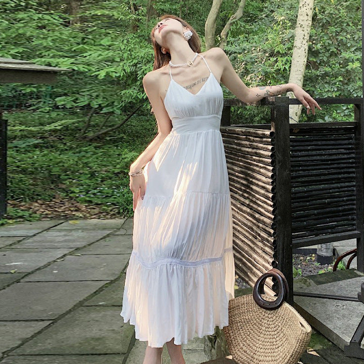 Backless Halter Neck Dress Summer Fairy White spaghetti strap  Dress 1033