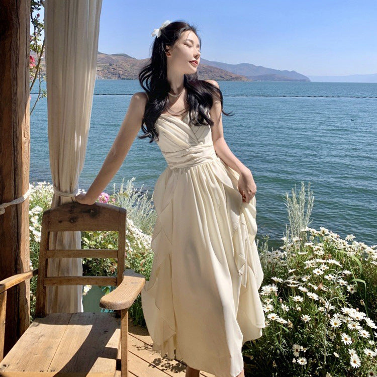 Fairy Elegant Dress Summer Ruffle V Neck Long Dress 1079