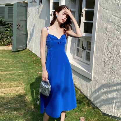 V Neck Klein Blue Sexy Dress Summer Pleated Bow Knot Dress 1095