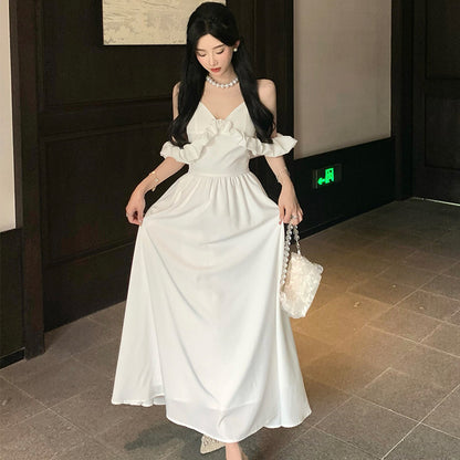 Fairy White Spaghetti Strap Dress Summer V Neck Dress Long Dress 1078