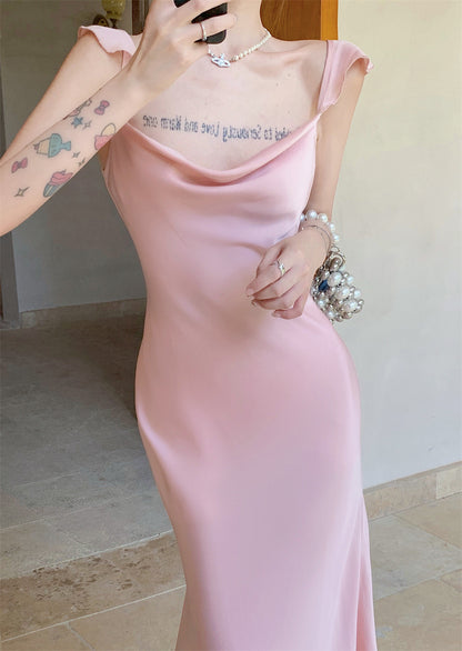 Pink Sweet Summer Mid Length Skirt with Spaghetti Strap Sheath Dress 1096