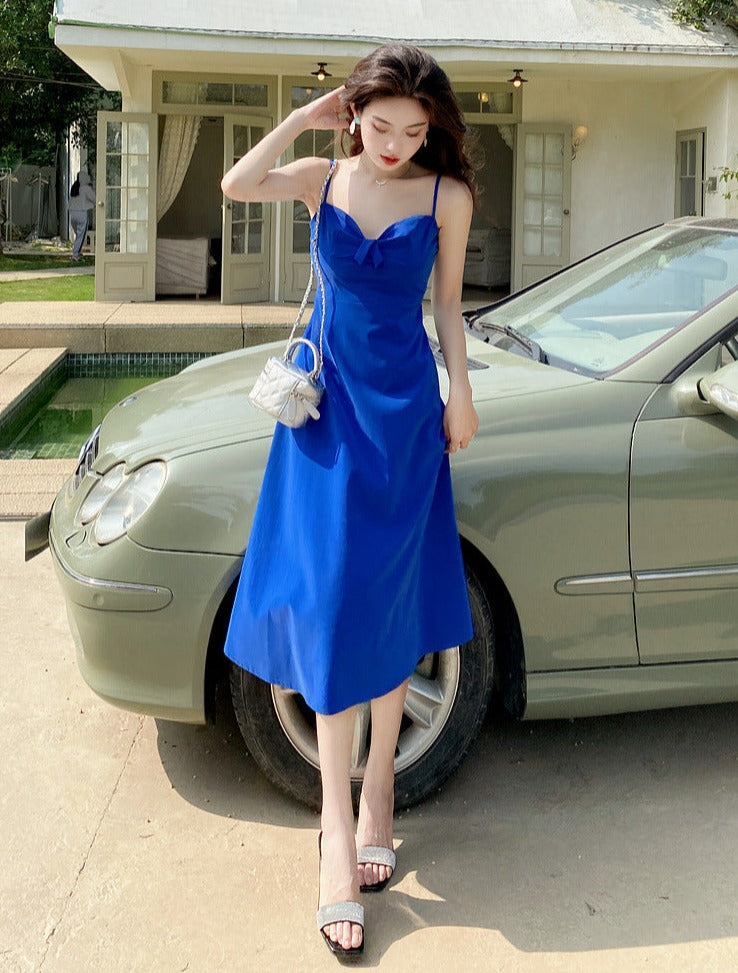 V Neck Klein Blue Sexy Dress Summer Pleated Bow Knot Dress 1095