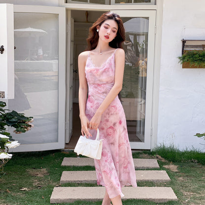Fairy Spaghetti Strap Dress Summer Pink Printed  Long Dress 1072