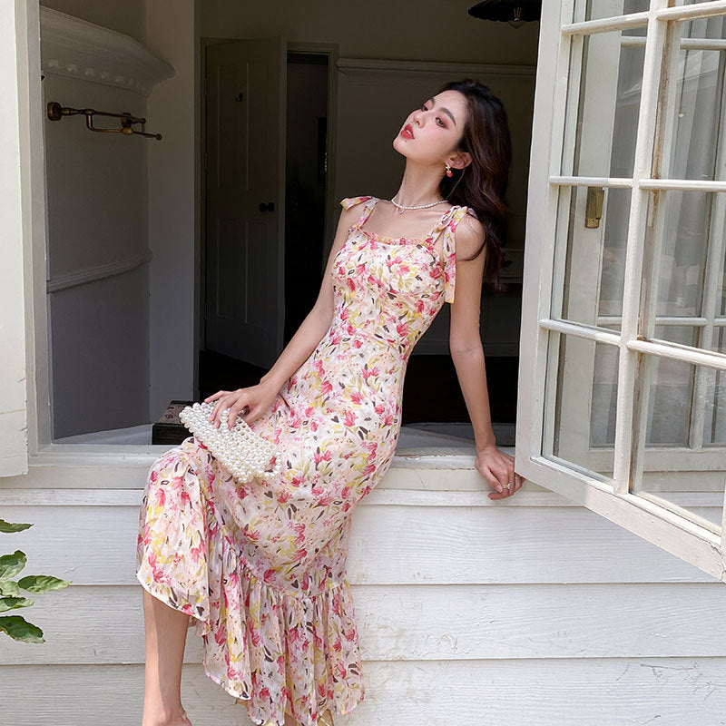 Summer Chiffon Floral Dress Fairy Ruffles Mid length Skirt 1099