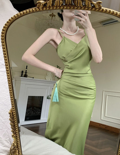 Green Satin Dress Summer Slim V Neck Spaghetti Strap Skirt Evening Dress 1097