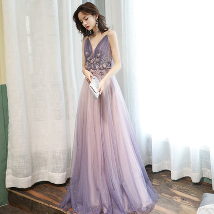 V Neck Spaghetti Strap Prom Dress Shiny Purple A Line  Prom Dress 700