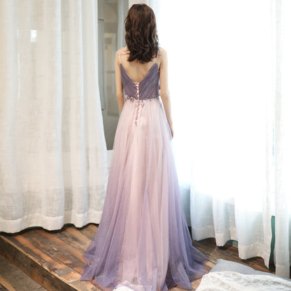 V Neck Spaghetti Strap Prom Dress Shiny Purple A Line  Prom Dress 700