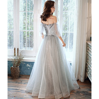 Off Shoulder A Line Tulle Prom Dress Shiny Evening Party Dress 619