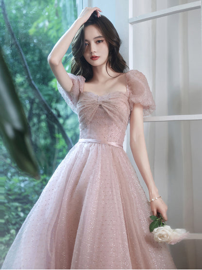 Pink Tulle Long Prom Dress A Line Formal Party Dress Sweet Evening Gown 114
