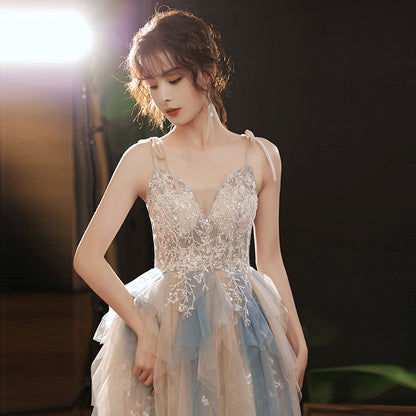 Spaghetti Strap A Line Tulle Prom Dress Lace Formal Evening Dress Fairy Princess Gown 137