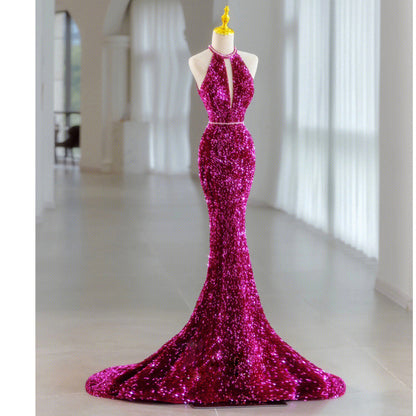 Sequins Rose Red Long Prom Dress Mermaid Long Evening Dress 106