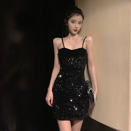 Spaghetti Strap Black Sequins Homecoming Dress Short Evening Dress Party Gown 261