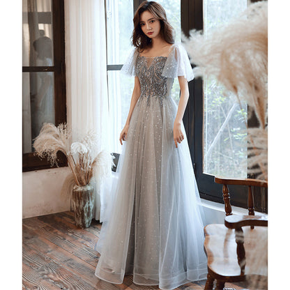 Off Shoulder A Line Tulle Prom Dress Shiny Evening Party Dress 619