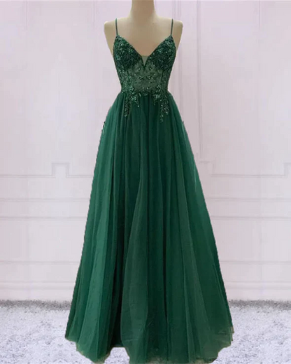 Spaghetti Strap Green A Line Long Prom Dress V Neck Formal Evening Gown Party Dress 292