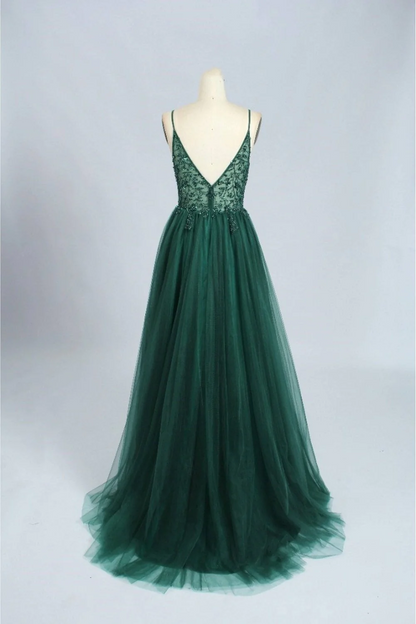Spaghetti Strap Green A Line Long Prom Dress V Neck Formal Evening Gown Party Dress 292