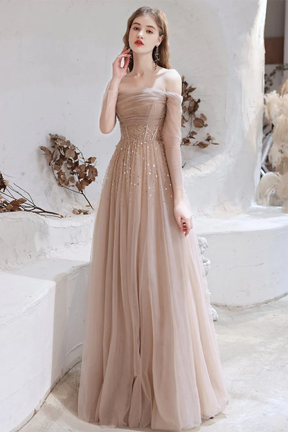 Off Shoulder A Line Tulle Prom Dress Sequins Long Sleeves Evening Formal Gown 306