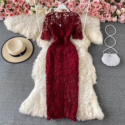 Sheath Evening Dress Hollow Lace Long Prom Dress 1760