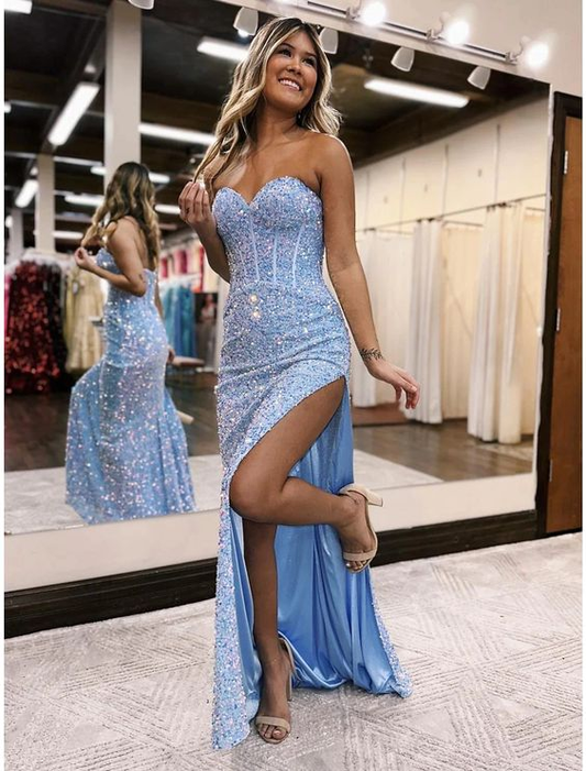 Sweetheart Blue Sequin Long Prom Dress Mermaid Shiny Party Dress With Slit 2540