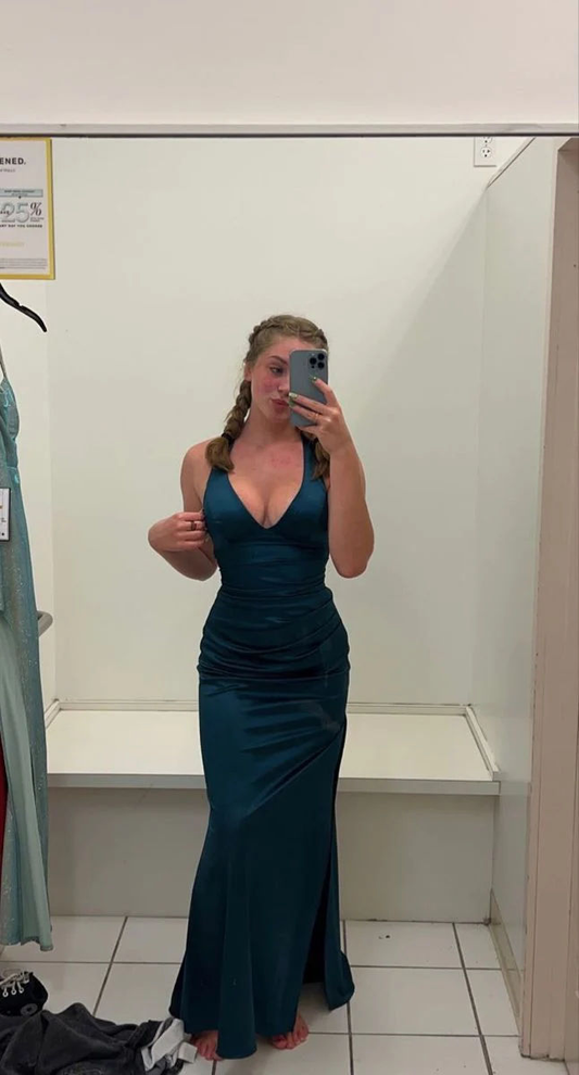 V Neck Satin Mermaid Long Evening Dress Blue Evening Dress 2479