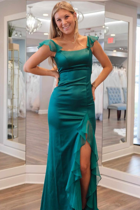 Green Mermaid Ruffle Long Prom Dress Satin Party Dress With Slit 2484