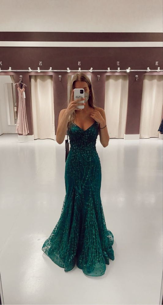 Green Mermaid Sequins Long Prom Dress Tulle Formal Evening Dress 2476