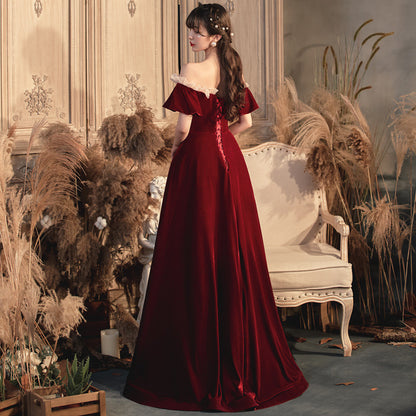Off Shoulder Burgundy Long Prom Dress A Line Velvet Evening Gown 566