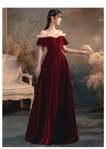 Off Shoulder Burgundy Long Prom Dress A Line Velvet Evening Gown 566