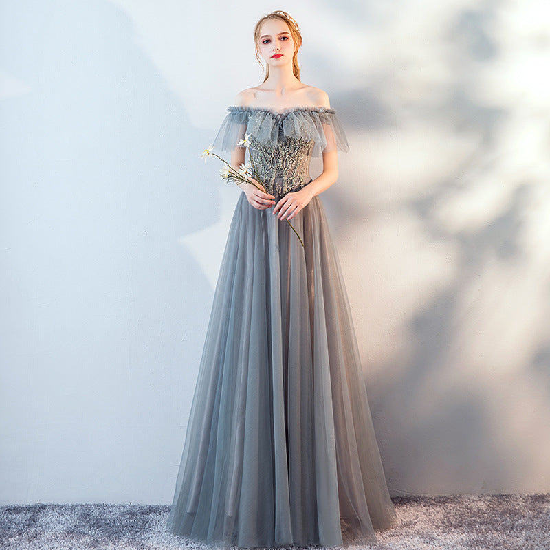 Off Shoulder Gray Long Prom Dress A Line Tulle Formal Evening Gown 600
