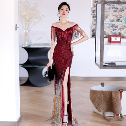 Tassel Sequins Gradient Long Prom Dress Formal Evening Gown with Slit 513