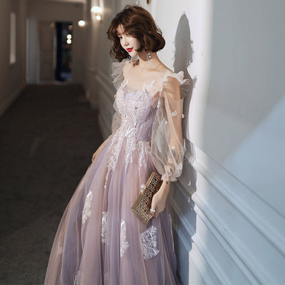 Cute Long Sleeves Lace Prom Dress Fairy Tulle Formal Evening Dress 175
