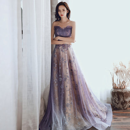 Strapless Purple Long Prom Dress A Line Shiny Formal Evening Gown 312