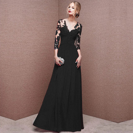 A Line Lace Long Sleeves Prom Dress V Neck Formal  Evening Dress 493