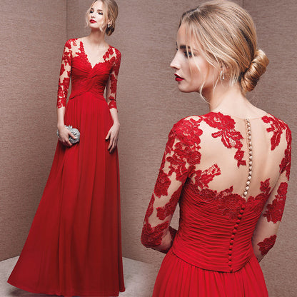 A Line Lace Long Sleeves Prom Dress V Neck Formal  Evening Dress 493