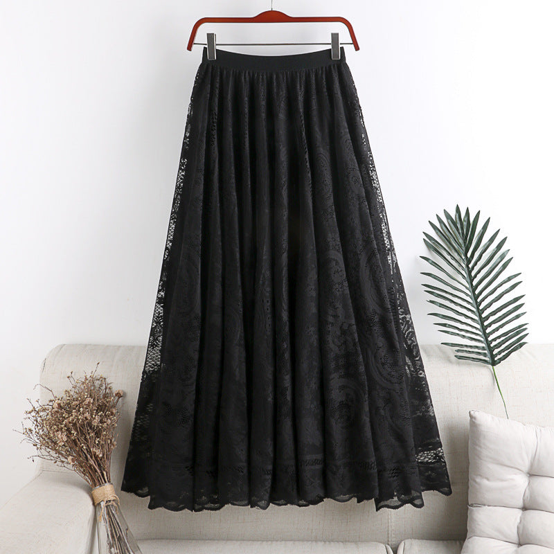 Autumn and Winter High Waist Mid-length Hollow Lace Skirt Women's Swing Skirt 730