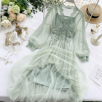 Mesh Dress Chic Lace Sweet Dress Long-sleeved Polka Dot Dress 838