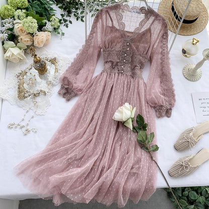 Mesh Dress Chic Lace Sweet Dress Long-sleeved Polka Dot Dress 838
