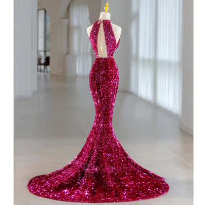 Sequins Rose Red Long Prom Dress Mermaid Long Evening Dress 106
