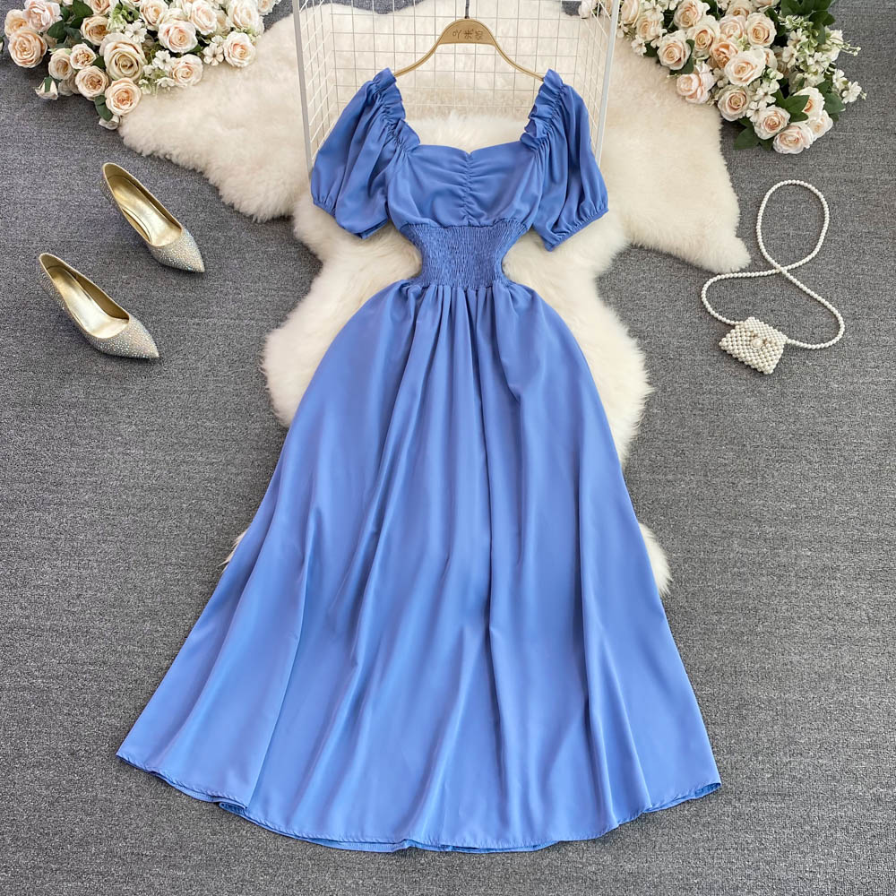 2023 Summer Korean Style V-neck Bubble Short-sleeved A-line Dress Elegant Big Swing Long Skirt 237
