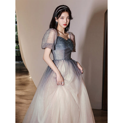 Gray Long Party Dress Short Sleeves Evening Dress Formal Gown 108